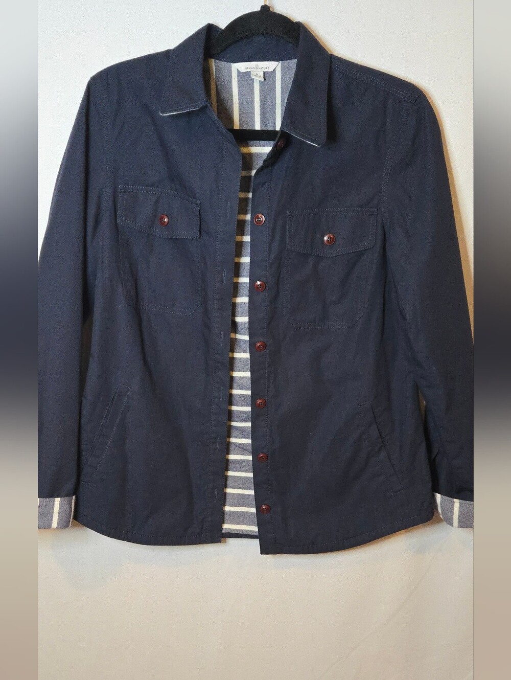 L.L. Bean Signature Women's 6 Navy Striped Button-Up Utility Jacket Shacket